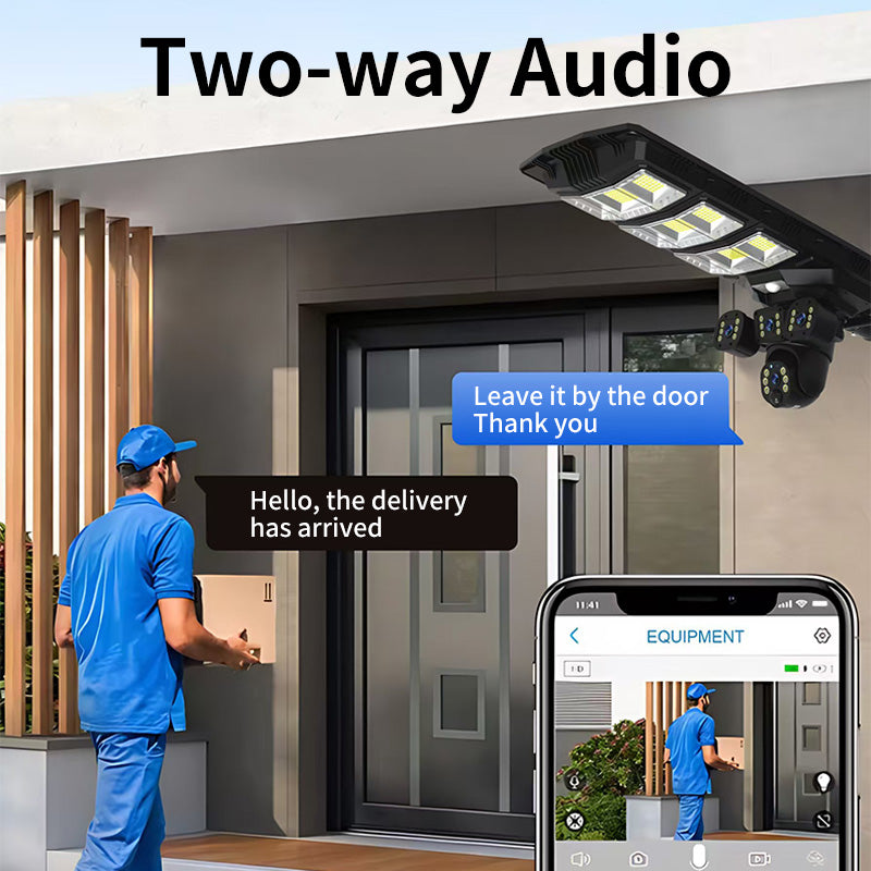3-lens solar street light camera wireless 4G 9MP 4K PIR alarm color night vision