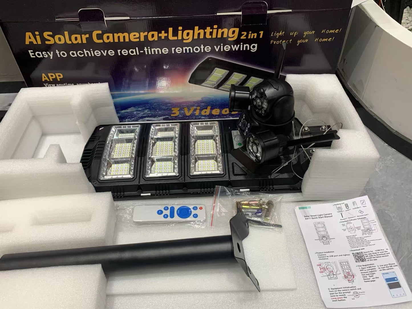 3-lens solar street light camera wireless 4G 9MP 4K PIR alarm color night vision